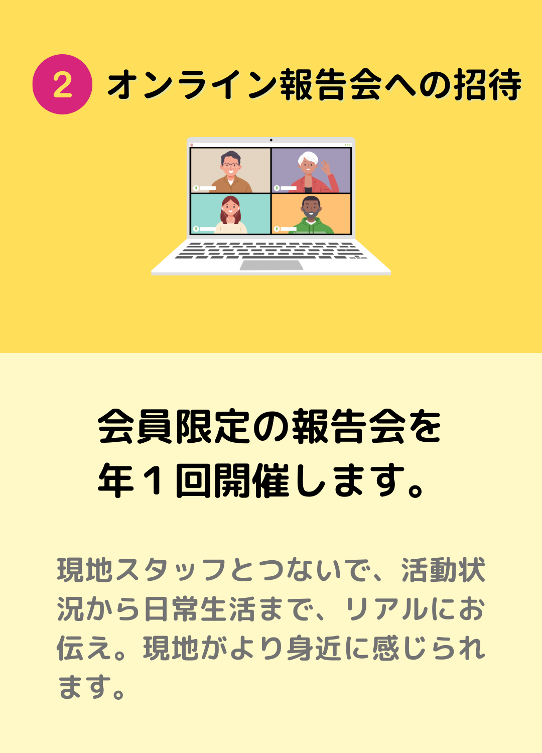 ②オンライン報告会への招待：会員限定の報告会を 年１回開催します。